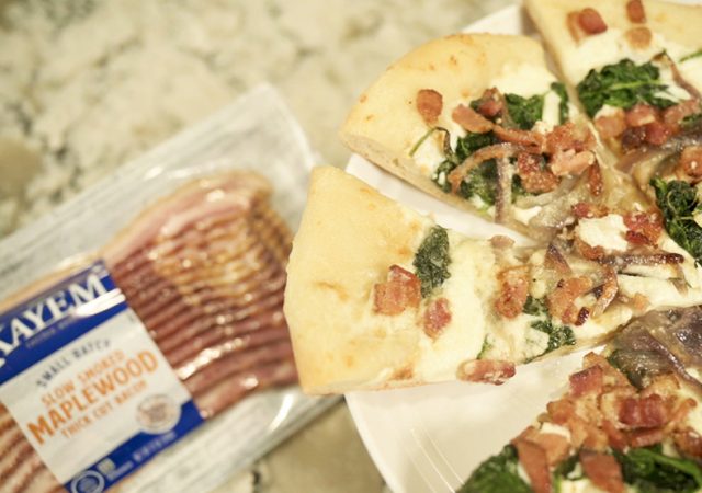 Maple Bacon, Spinach and Caramelized Onion Pizza