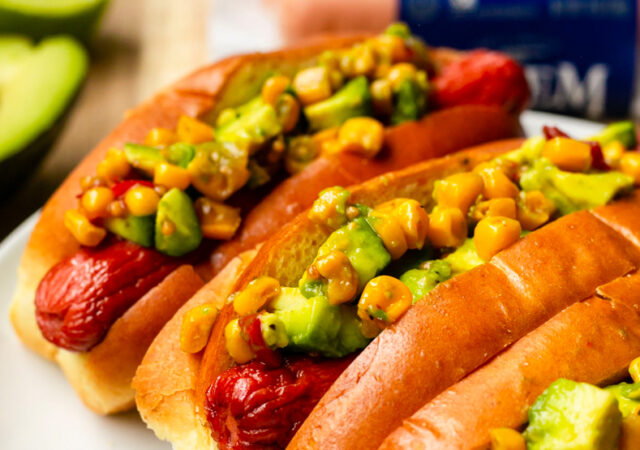 Avocado & Corn Salsa Topped Hot Dogs